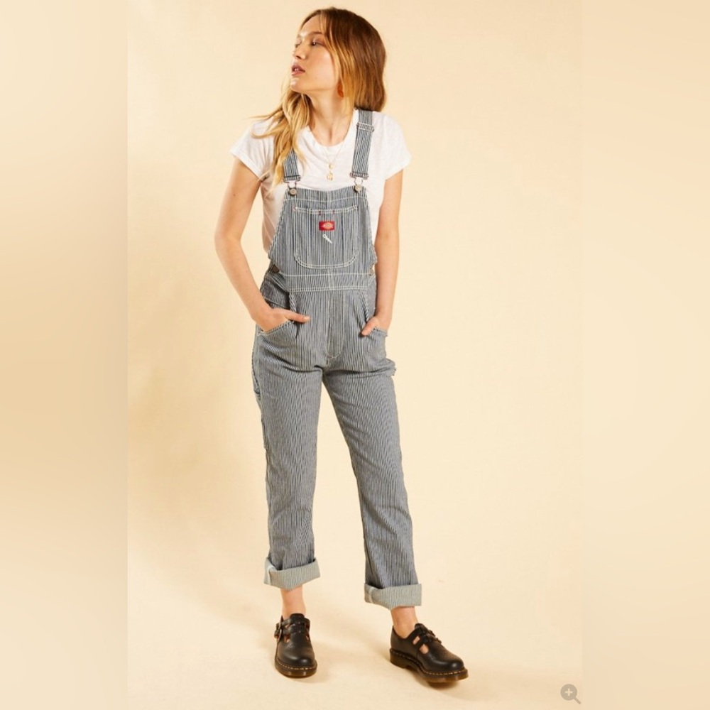Dickies Women's Relaxed Straight Leg Overalls, Railroad Stripe, M